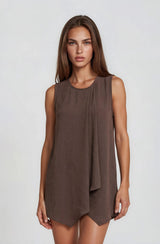 Round Neck Pleat Detail Shift Mini Dress Chocolate