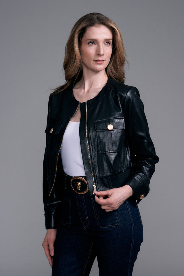 Collarless Vegan Leather Jacket Black