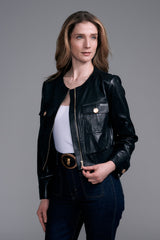 Collarless Vegan Leather Jacket Black