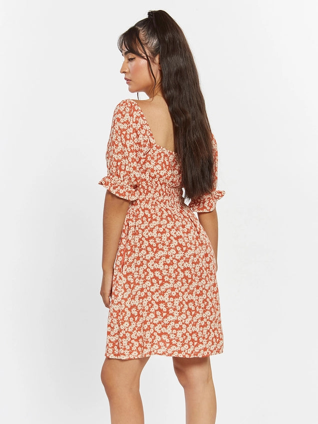 Caroline Floral Puff Sleeve Dress Orange Daisy
