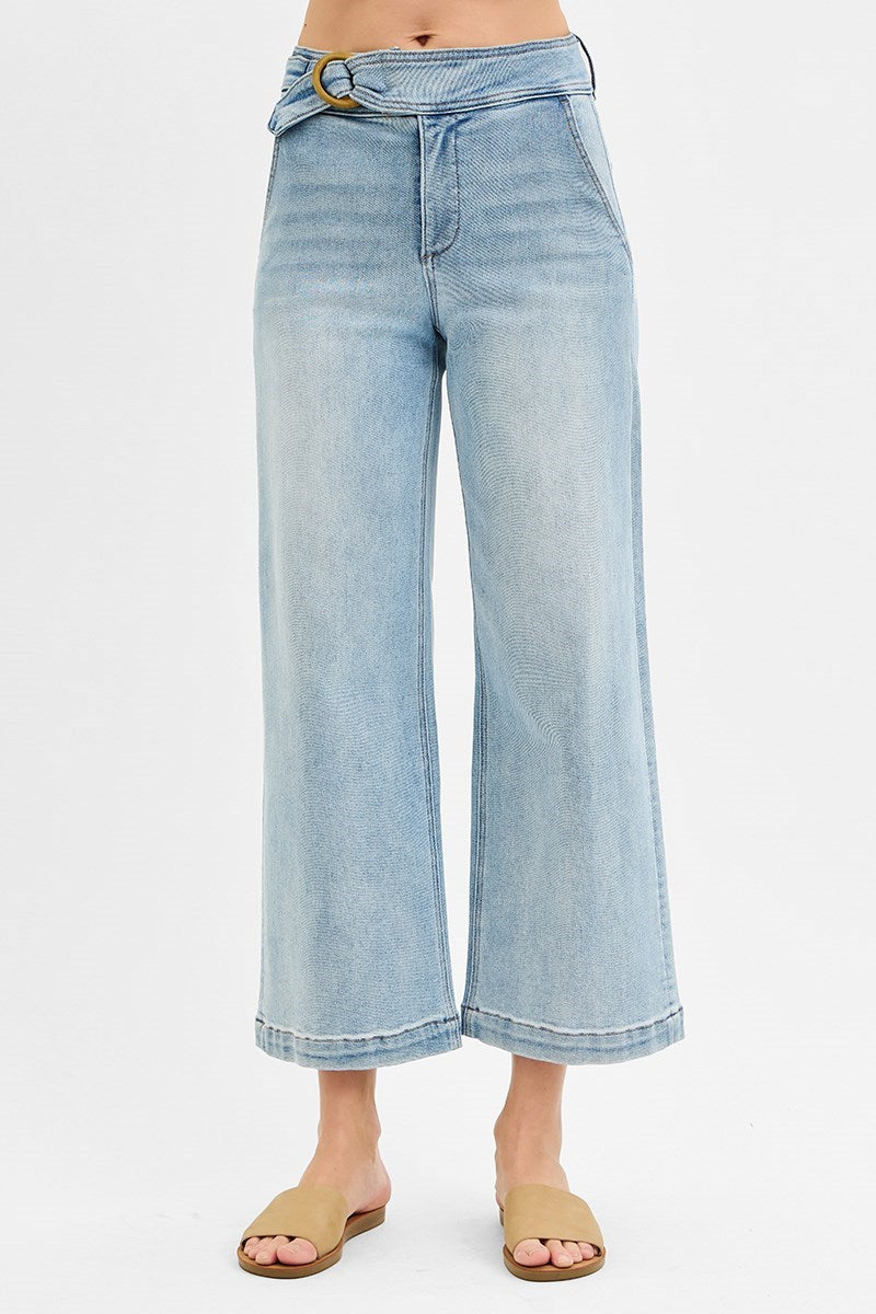 Wooden Buckle Belted High Rise Crop Wide Leg Jeans Light
