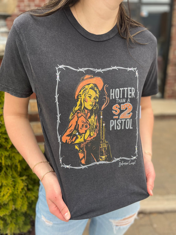Hotter Than A $2 Pistol Crystals Long Crop Tee Black Wash