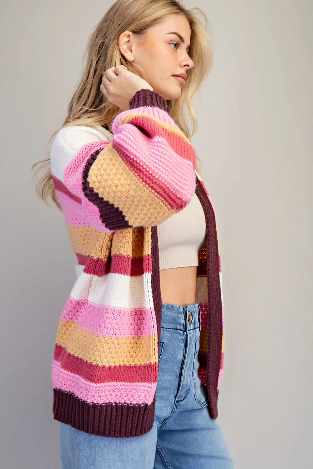 Multicolor Mix Knit Striped Long Sleeve Cardigan Berry Cookie