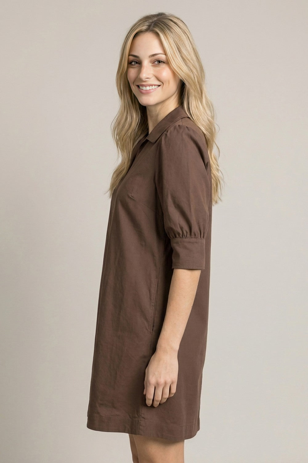 Twill Puff Sleeve Mini Swing Dress Chocolate