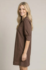 Twill Puff Sleeve Mini Swing Dress Chocolate