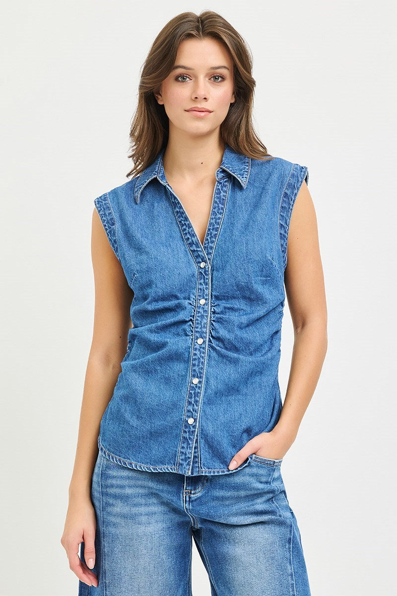 Sleeveless Vneck Shirred Button Up Shirt Medium