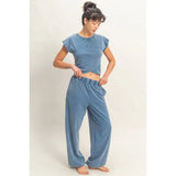 Rolled Sleeve Wrap Front Crop Top Jogger Set Navy