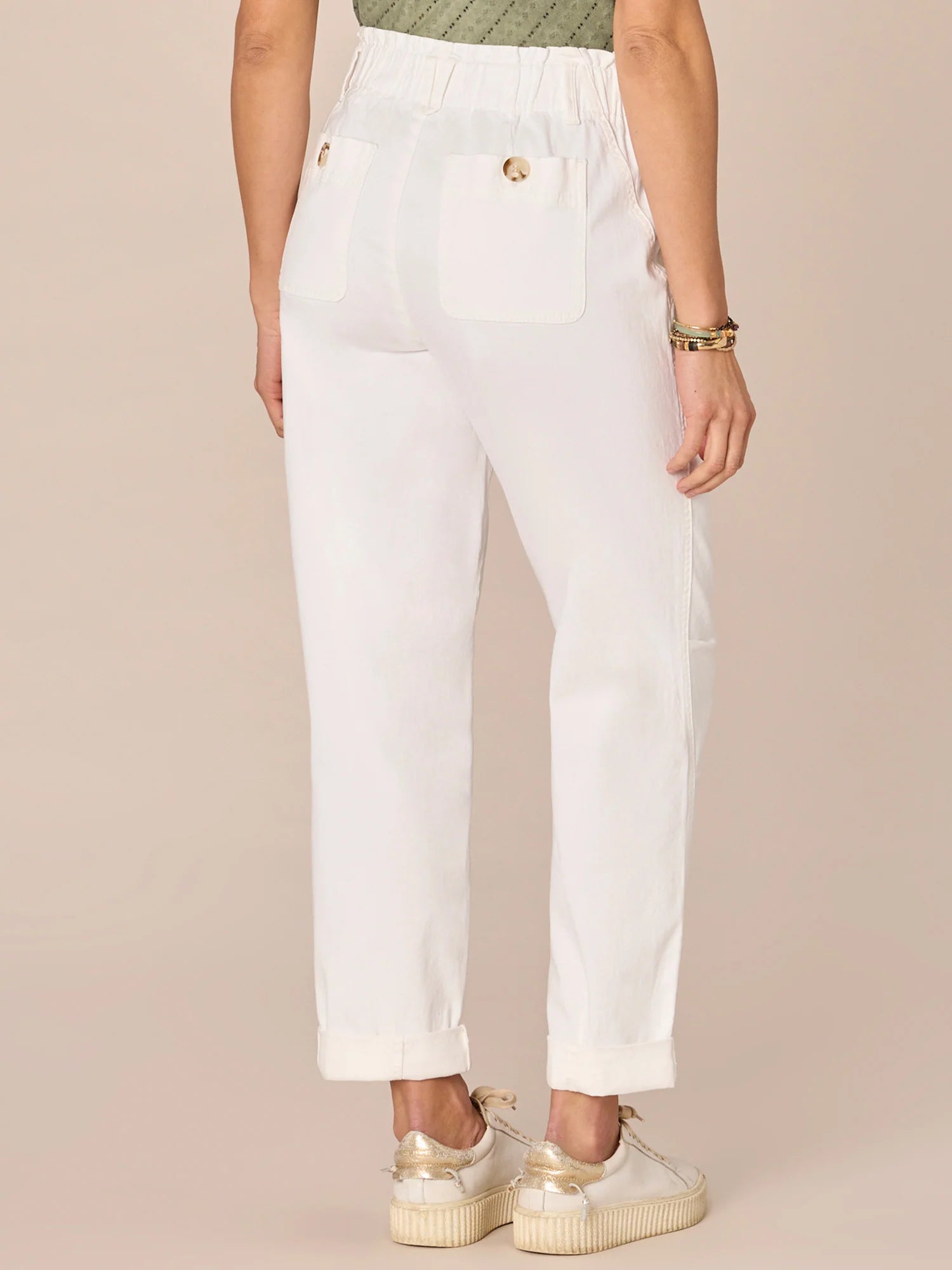 Skyrise Paper Bag Waist Roll Cuff Barrel Leg Pant White