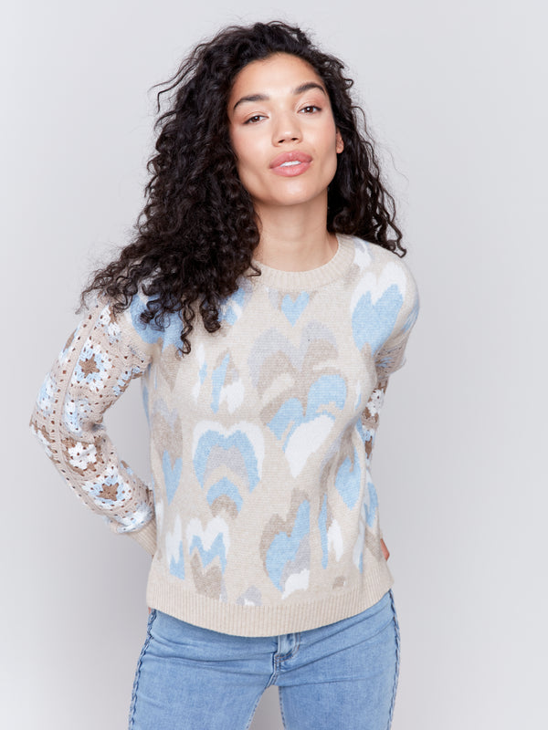 Jacquard Layered Hearts Crew Neck Sweater Ocean