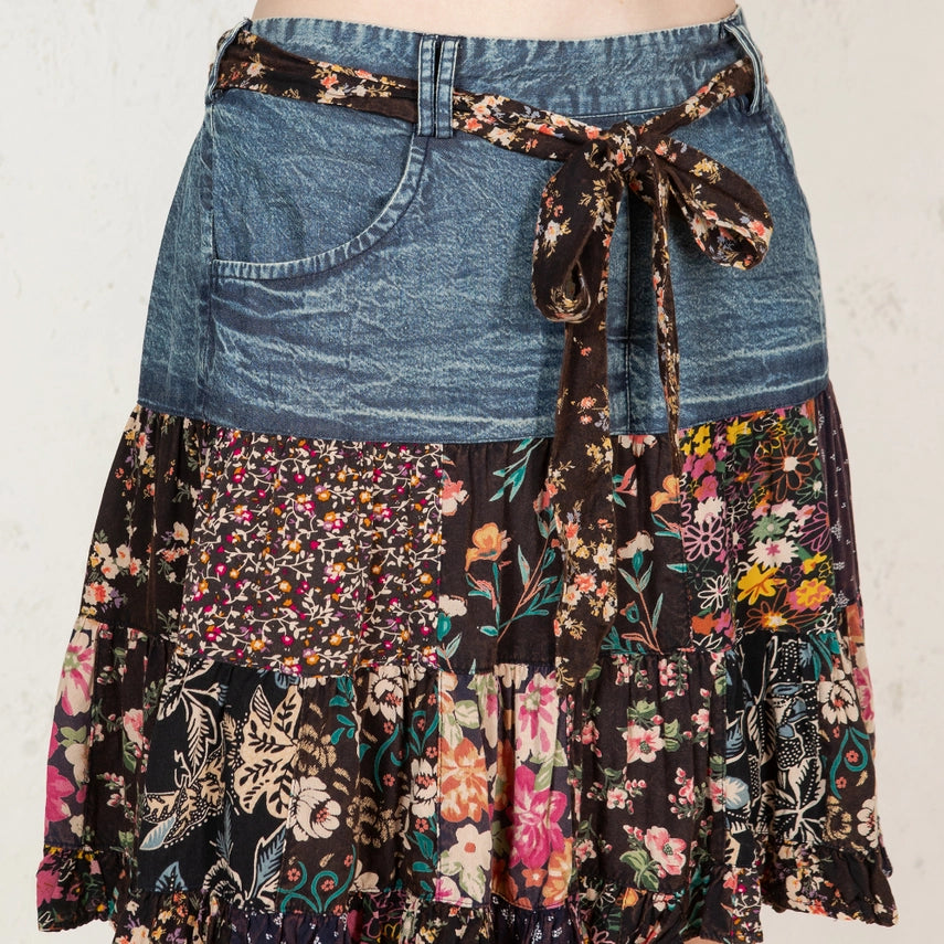 Tied Belt Denim Patchwork Mini Skirt Floral