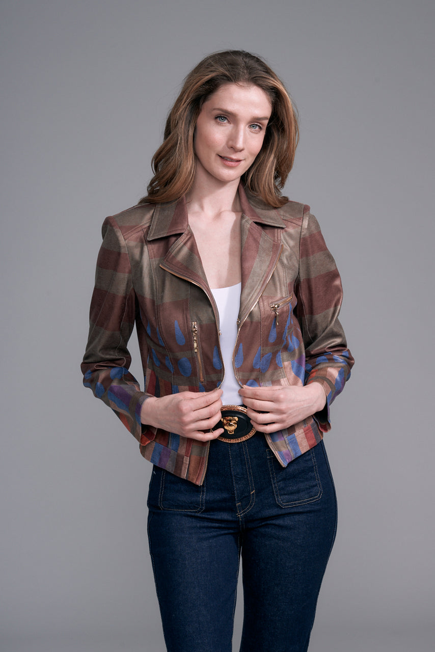 Printed Metallic Vegan Leather Moto Jacket Liquid Forest