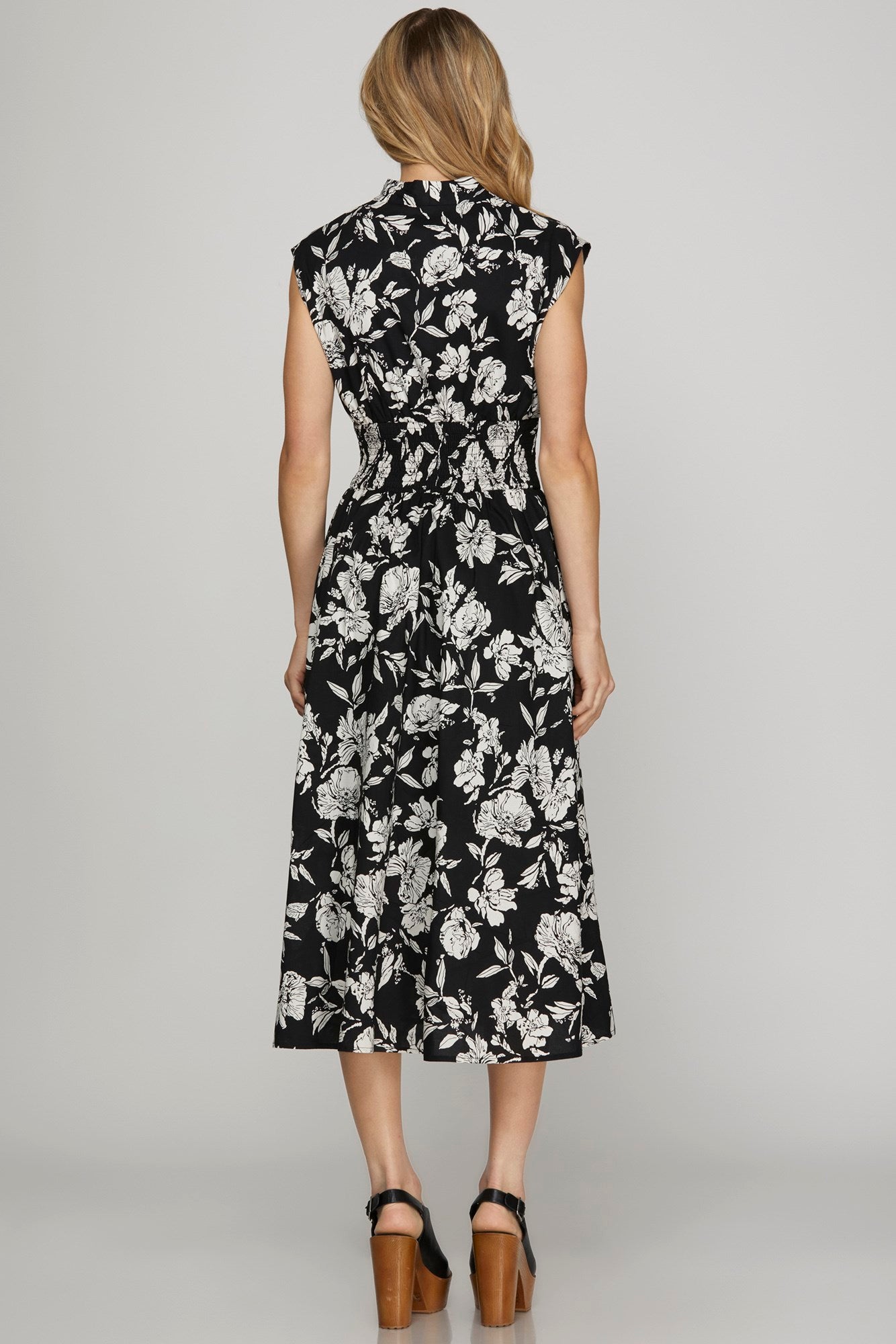 Peony Print Smock Detail Zip Midi Dress Black