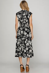Peony Print Smock Detail Zip Midi Dress Black