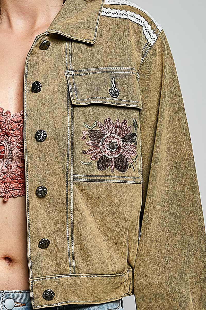 Floral Embroidery Lace Accent Flap Pocket Jacket Charcoal