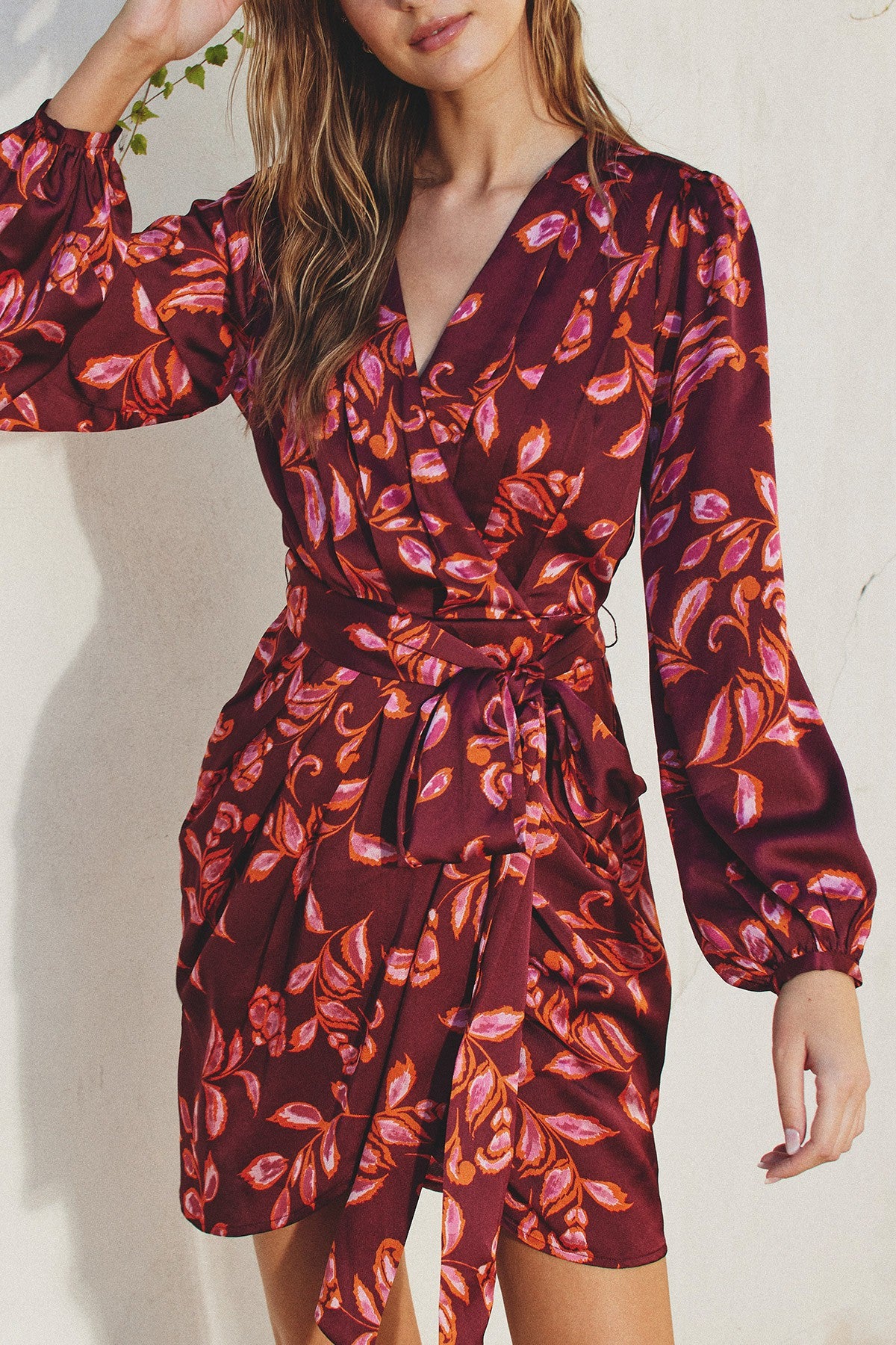 Sangria Surplice Mini Wrap Dress Ruby Wine