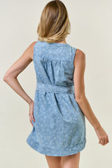 Floral Chambray Denim Tie Waist Dress Light Denim