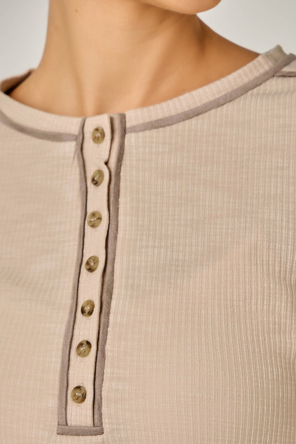 Long Sleeve Suede Piping Accent Henley Natural