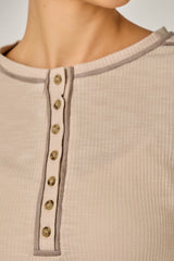 Long Sleeve Suede Piping Accent Henley Natural
