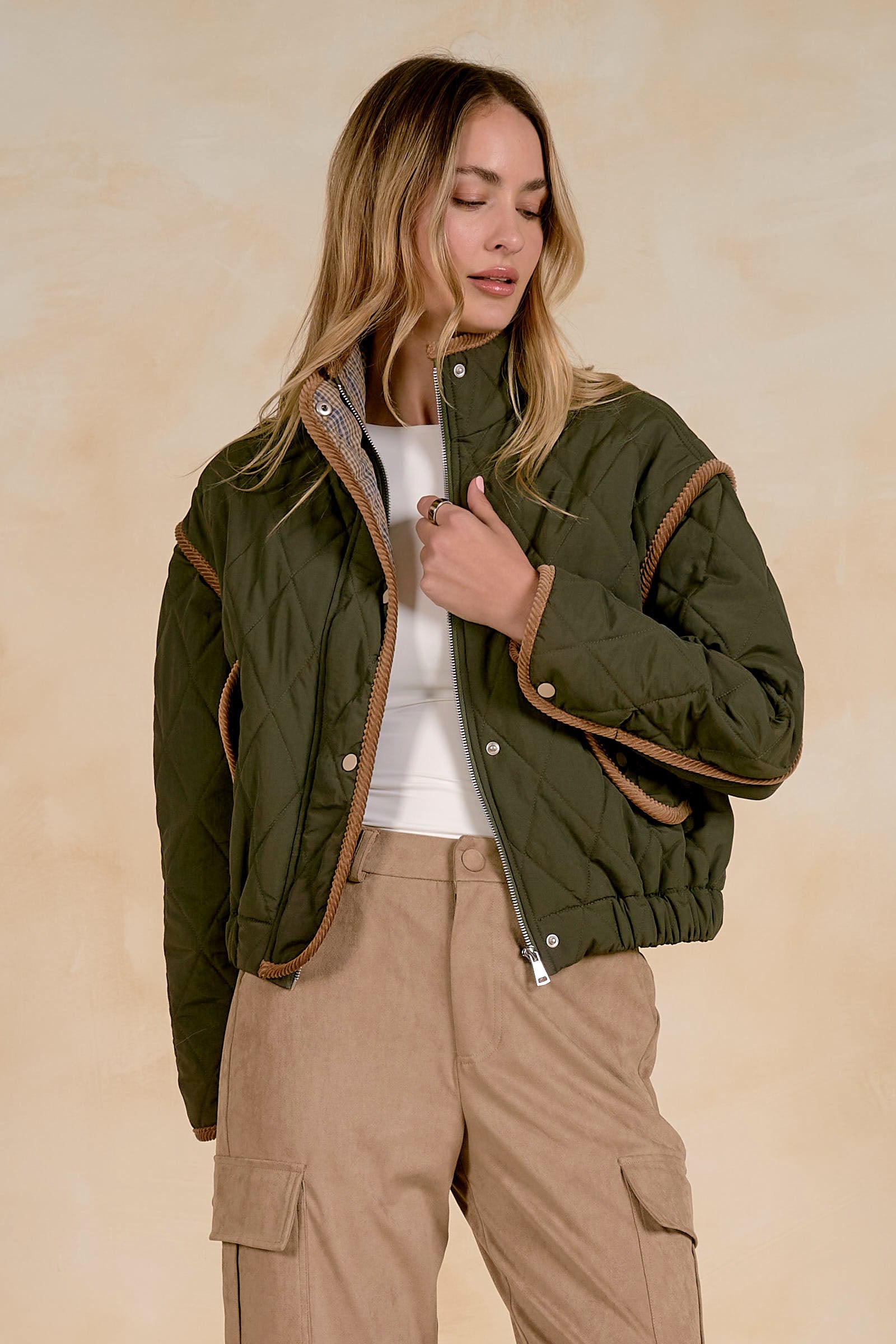 Contrast Piping Detail Quilted Jacket Olive