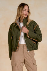 Contrast Piping Detail Quilted Jacket Olive
