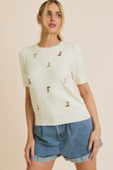 Embroidered Cowboy Boots Puff Sleeve Knit Top Cream