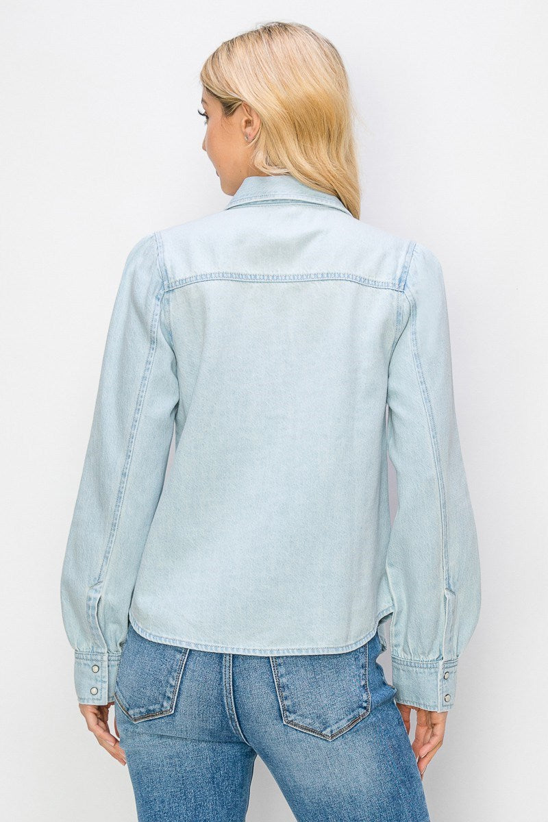 Shirred Sleeve Single Pocket Snap Button Shirt Light