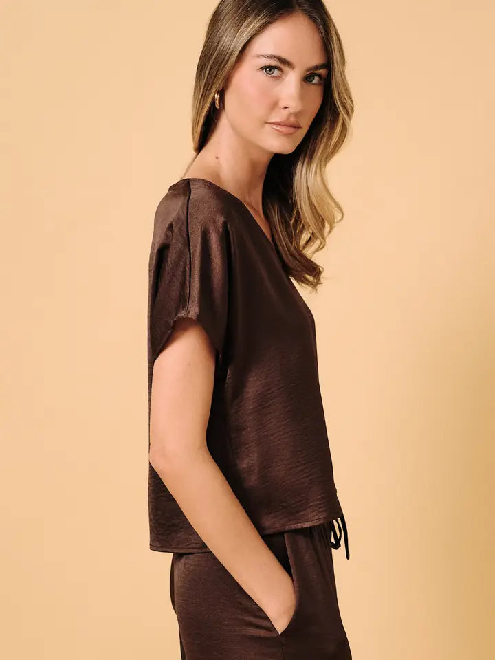 Vneck Dolman Short Sleeve Crinkle Satin Top Brown