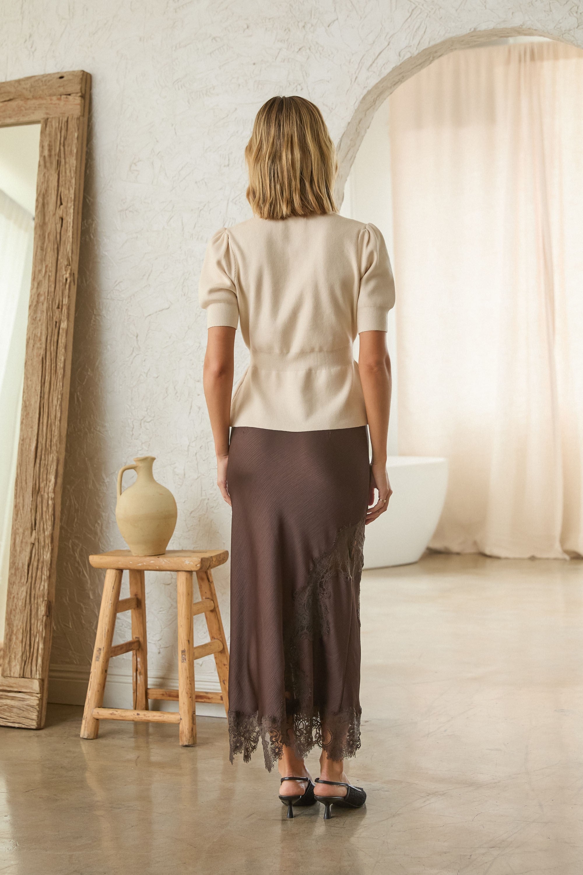 Gold Button Ribbed Short Sleeve Cardigan Ivory