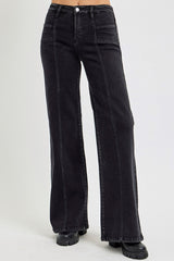 Mid Rise Front Patch Pocket Wide Jeans Black