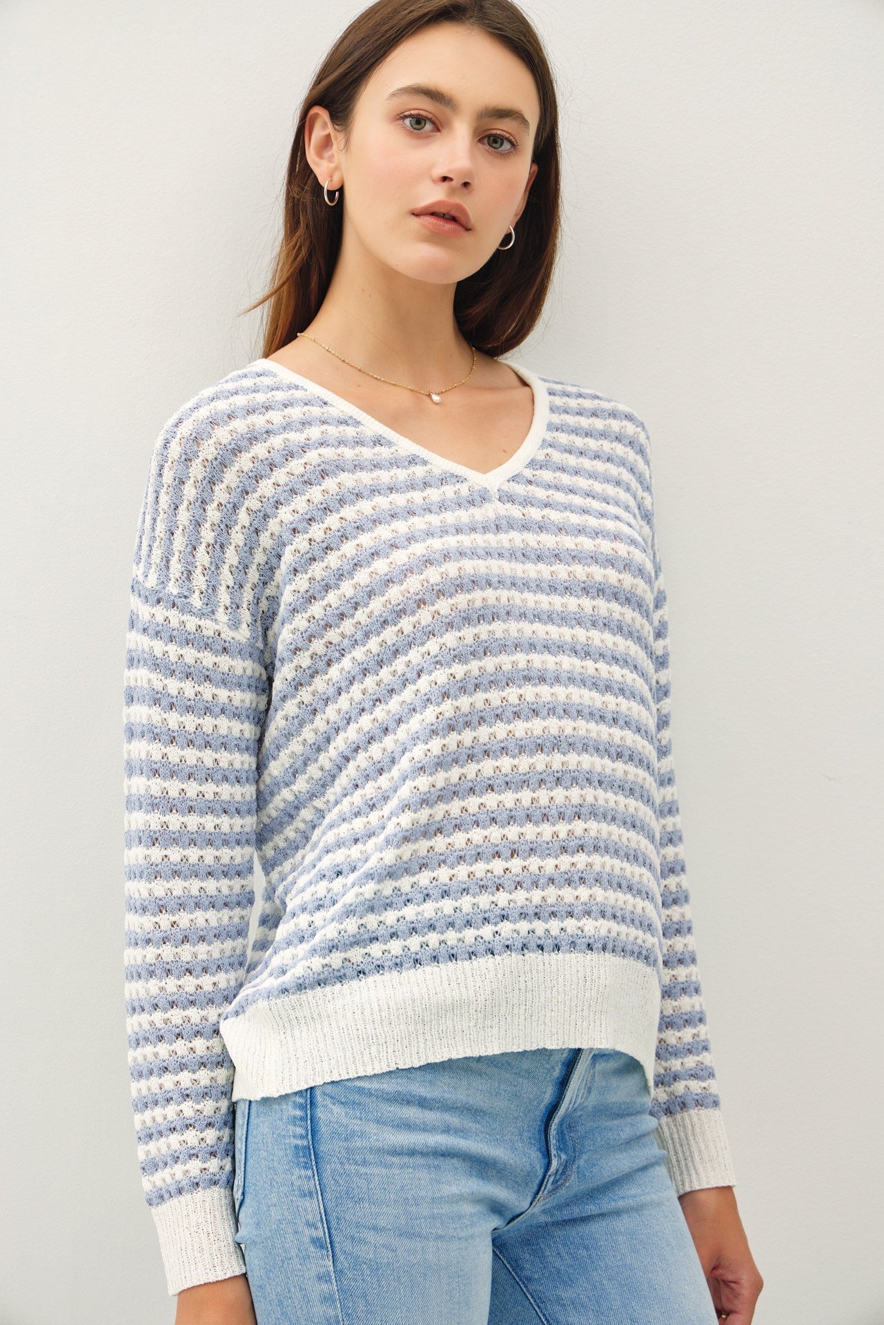 Striped Crochet Knit Vneck Long Sleeve Sweater Blue