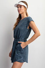 Short Sleeve Rounded Hem Elastic Waist Dress Slate Blue
