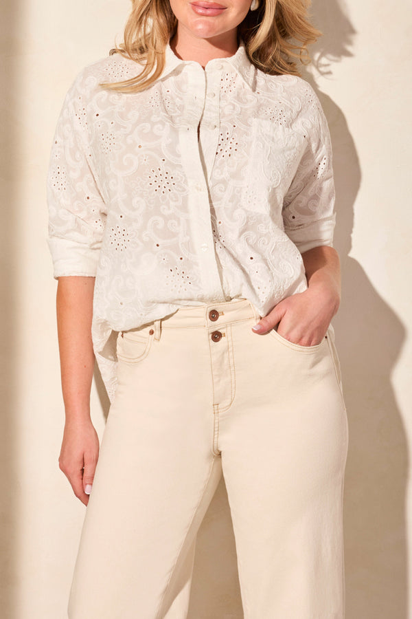 Brooke Girlfriend Cuffed Wide Leg Jeans Ecru