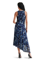 Laney Asymmetric Hem Mesh Print Dress Indigo