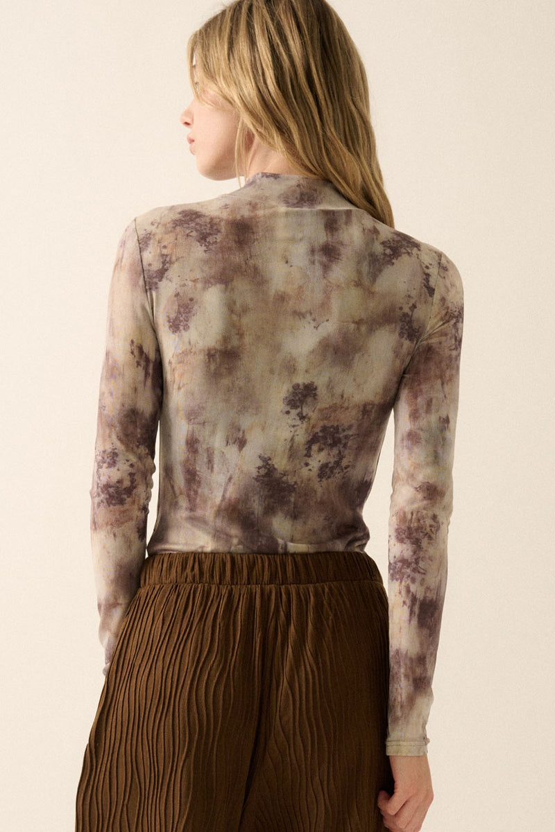 Abstract Print High Neck Bodysuit Espresso