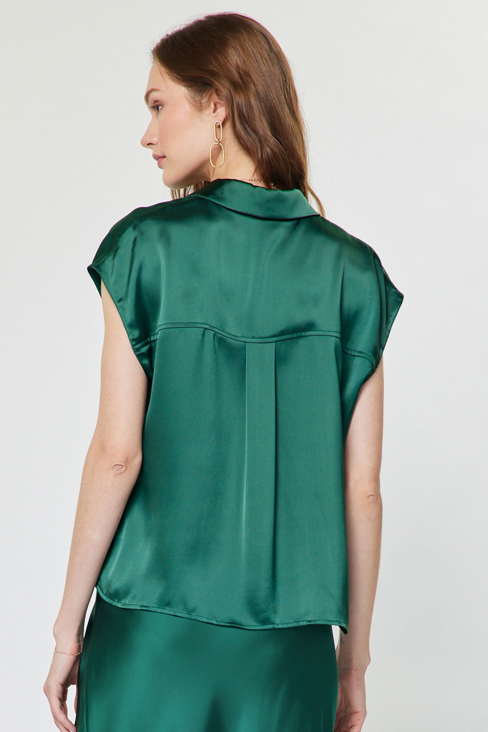 Satin Cap Sleeve Button Down Blouse Cypress