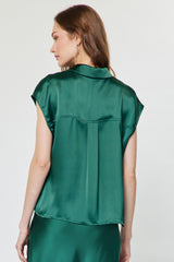 Satin Cap Sleeve Button Down Blouse Cypress