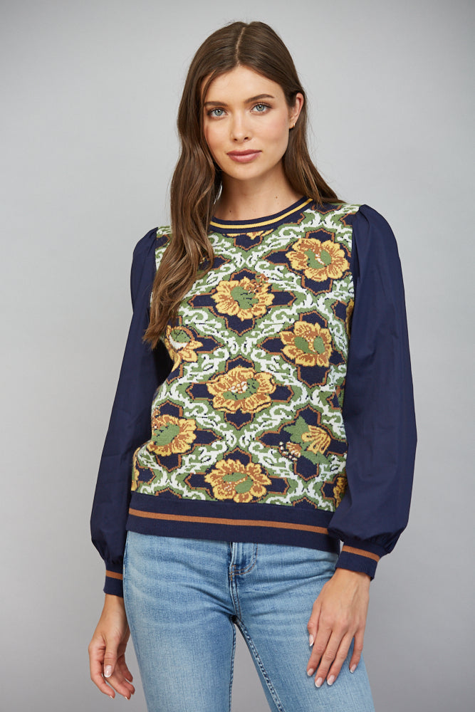 Contrast Printed Floral Pattern Crew Neck Sweater Navy Multi
