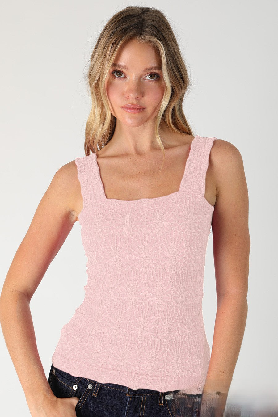 Lace Textured Square Tank Icy Pink