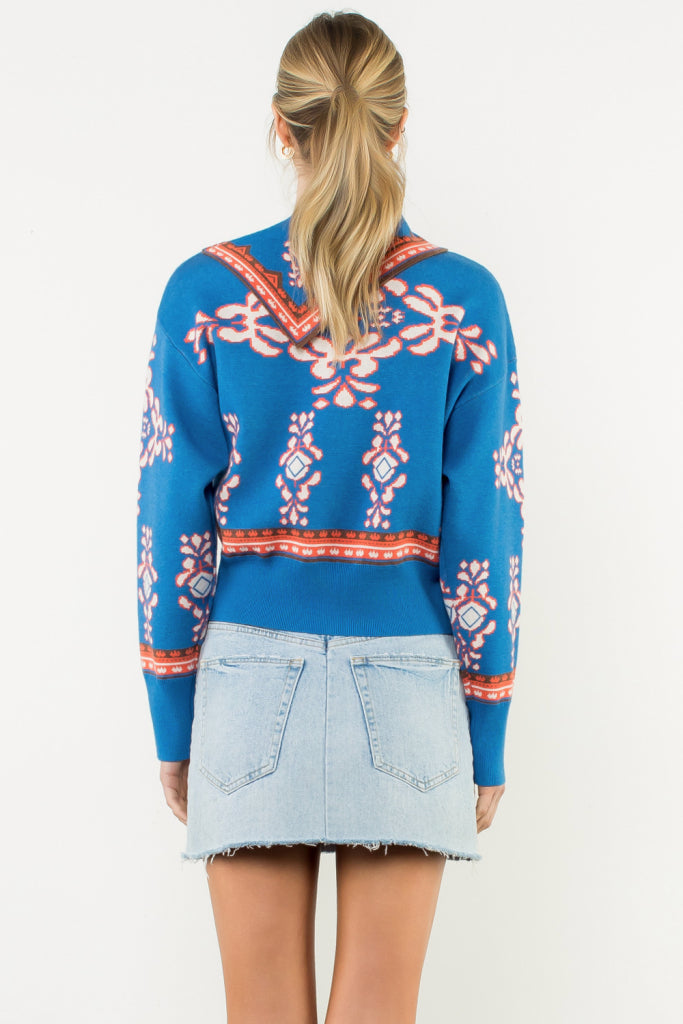 Bandana Collar Jacquard Sweater Blue
