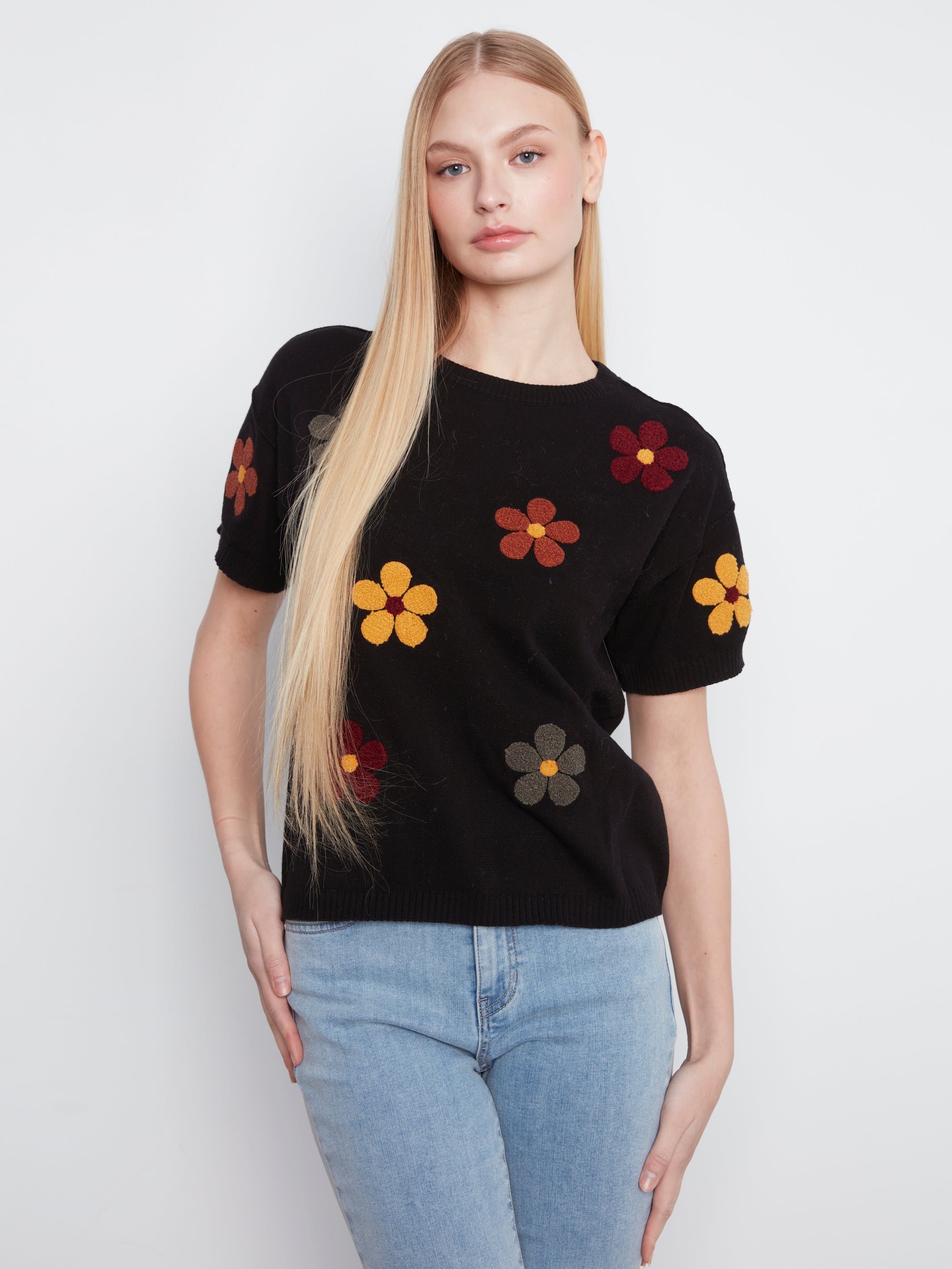 Embroidered Flowers Elbow Sleeve Sweater Black