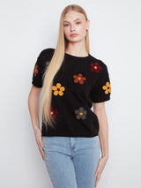 Embroidered Flowers Elbow Sleeve Sweater Black