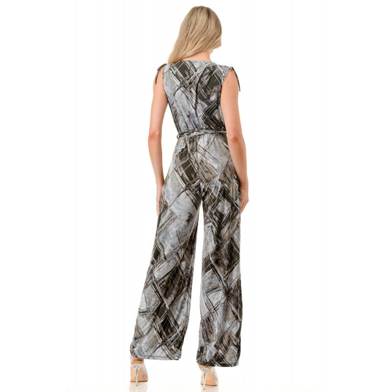 Tie Shoulder Belted Wide Leg Jumpsuit Grey Abstract Brush