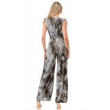 Tie Shoulder Belted Wide Leg Jumpsuit Grey Abstract Brush