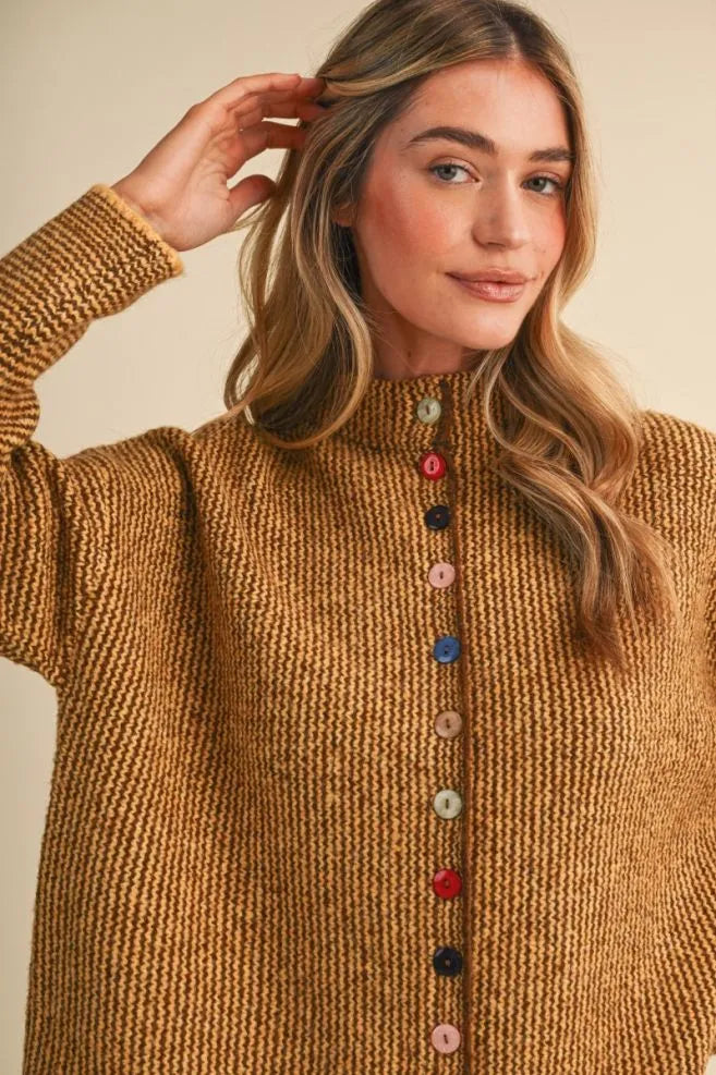 Colored Buttons Two Tone Mock Neck Cardi Mustard Brown