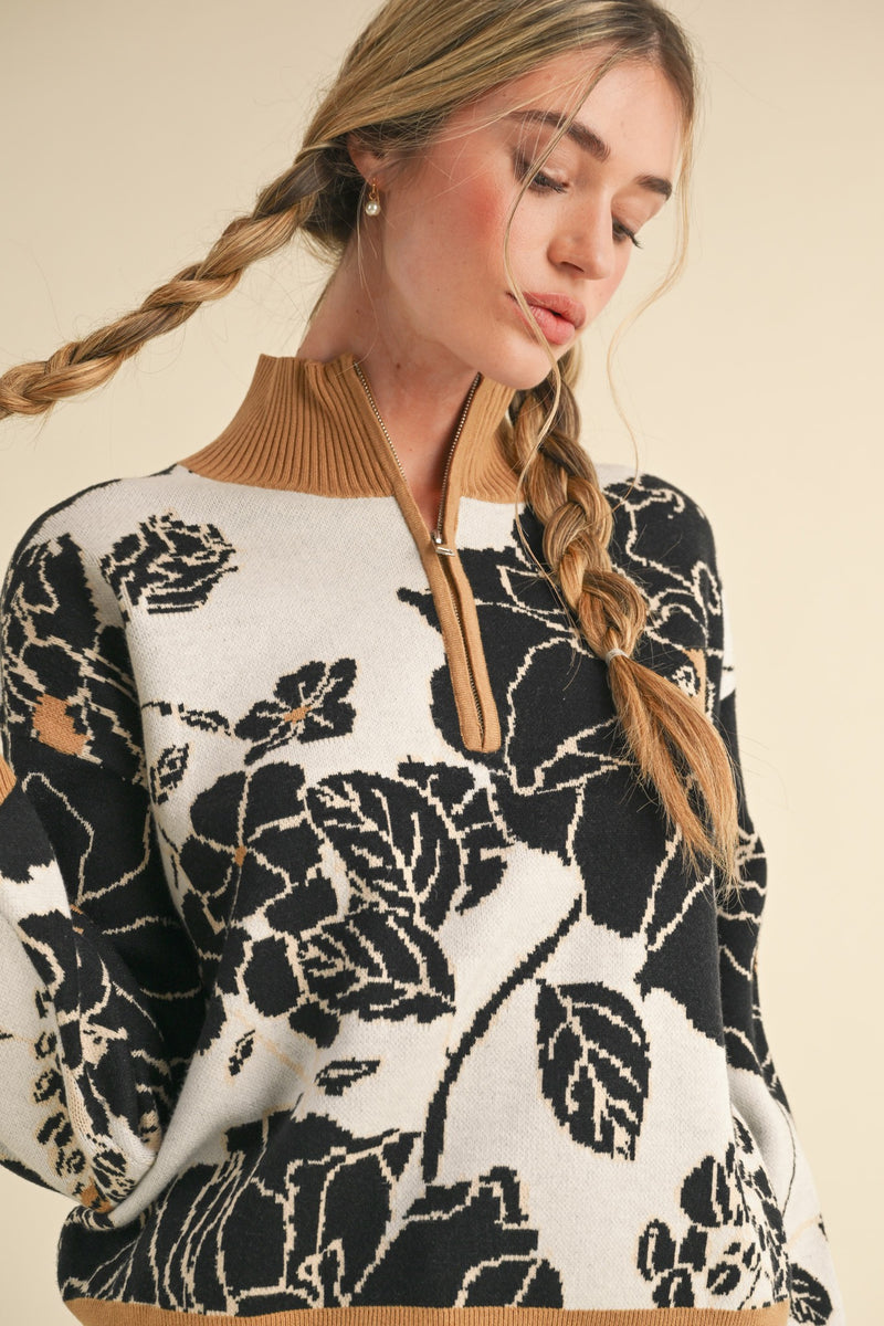 Floral Knit Mock Neck Half Zip Sweater Camel Black