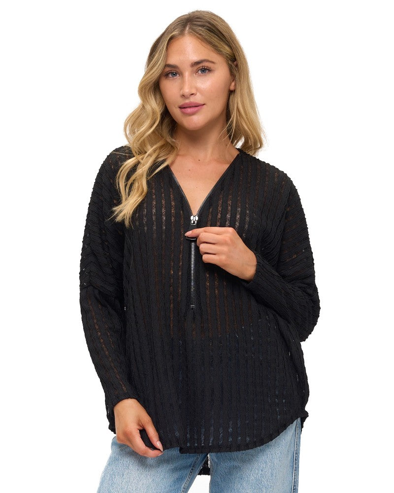 Dolman Zipper Top Black Open Texture Stripe
