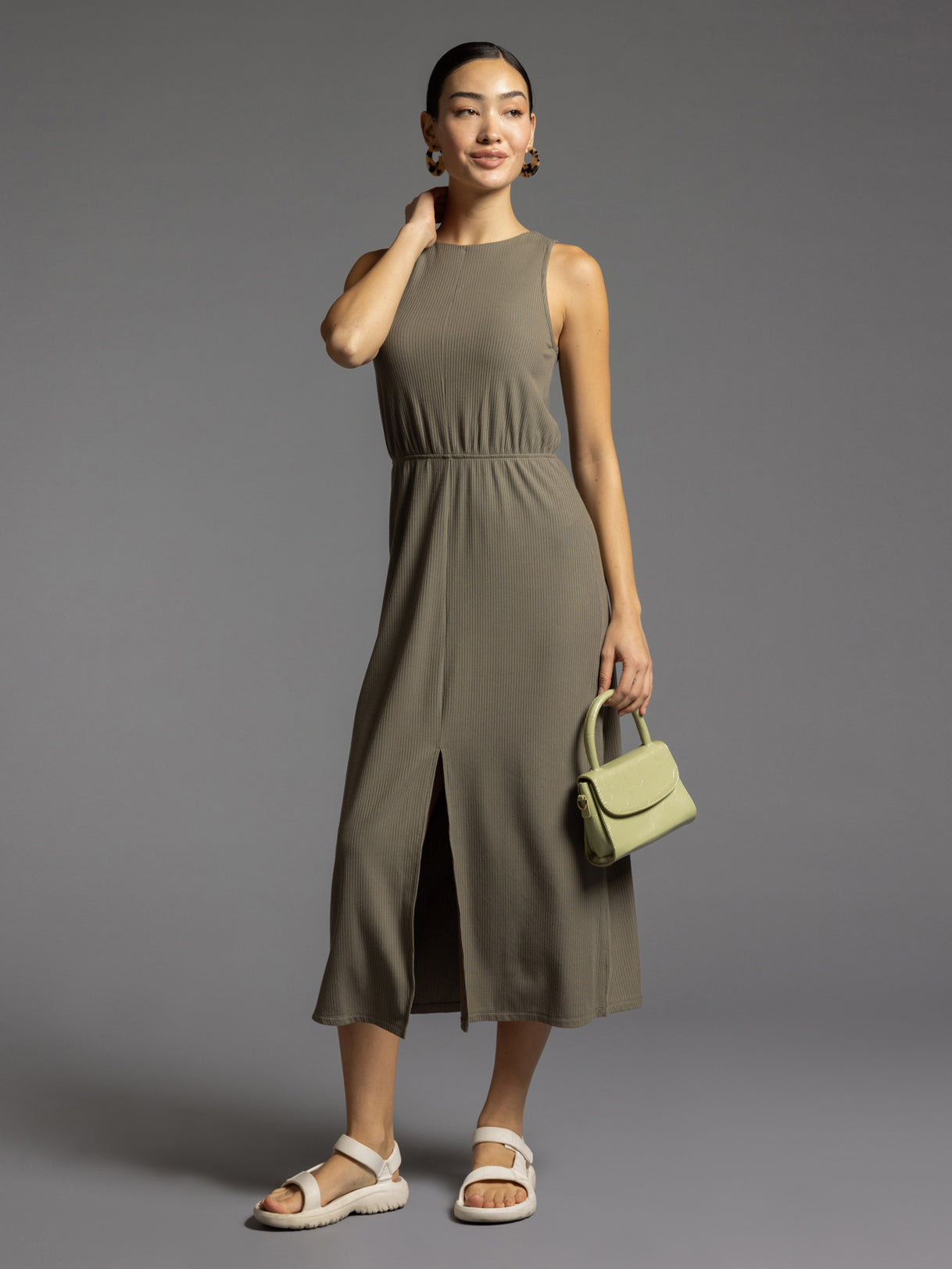 Sandra Seamed Ribbed Dress Smokey Olive