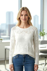 Flower Crochet Long Sleeve Sweater Top Off White