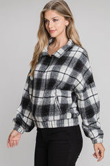 Half Zip Plaid Pullover Elastic Waist Pullover Black + White