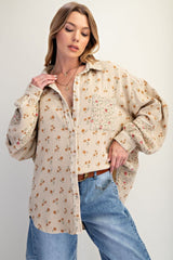 Floral Print Cotton Gauze Washed Shirt Khaki